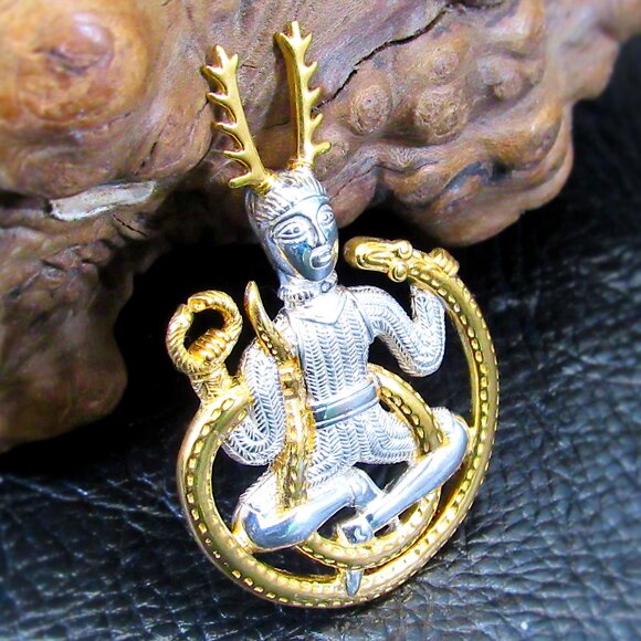 Solid 925 Sterling Silver & 18k Gold Vermeil Celtic God Cernunnos Slide Pendant - Picture 1 of 8